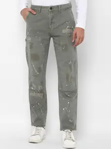 FOREVER 21 Men Olive Green Paint Splatter Distressed Pure Cotton Cargos Trousers