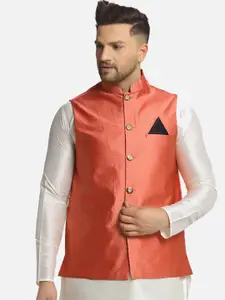 Jompers Men Peach Coloured Woven Design Nehru Jacket