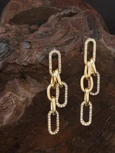 E2O Gold-Plated White Stone Studded Contemporary Drop Earrings