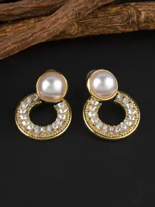 E2O Gold-Toned Contemporary Pearl Embellished Drop Earrings