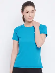 ATHLISIS Women Blue Solid Slim Fit Training or Gym T-shirt