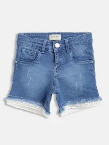 Gini and Jony Girls Blue & White Solid Frayed Shorts with Lace Insets