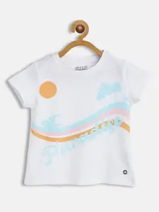 Gini and Jony Girls White & Blue Tropical Printed T-shirt