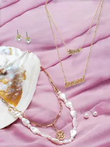 AMI Set Of 2 Gold-Toned & White Gold-Plated Layered Chain With Earrings