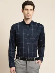 Hancock Men Navy Blue & White Slim Fit Windowpane Checks Pure Cotton Formal Shirt