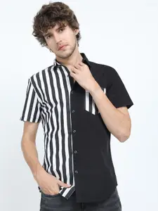 HIGHLANDER Men Black & White Slim Fit Striped Cotton Casual Shirt