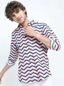 HIGHLANDER Men Pink & Sea Green Slim Fit Chevron Printed Casual Shirt