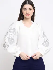 ewoke Women White Embroidered Shirt Style Top