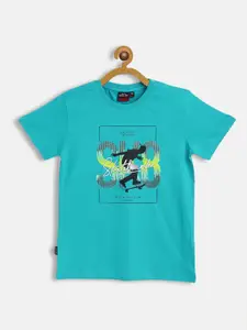 Gini and Jony Boys Turquoise Blue & Black Cotton Printed T-shirt