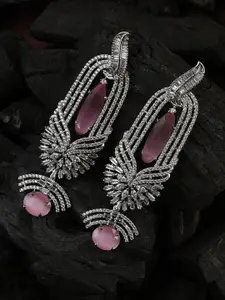 SOHI Women Pink & Silver-Toned Contemporary American Diamond Jhumka Earrings