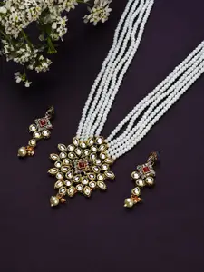 SOHI Woman White Kundan Beads Gold Plated Necklace Set