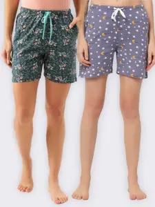 Kanvin Women Pack Of 2 Teal & Purple Printed Cotton Lounge Shorts