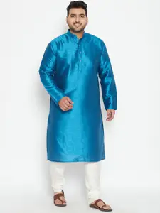 VASTRAMAY Plus Size Men Turquoise Blue Solid Silk Kurta Set