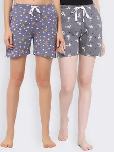 Kanvin Women Pack of 2 Grey & Mauve Printed Pure Cotton Lounge Shorts