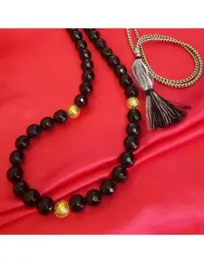 RICH AND FAMOUS Black & Gold-Toned Brass Agate & Quartz Beaded Necklace