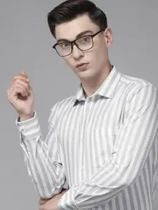 Park Avenue Men Grey & White Slim Fit Striped Pure Cotton Formal Shirt
