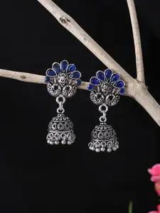 Silvermerc Designs Silver-Toned & Blue Peacock Shaped Jhumkas Earrings