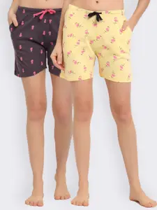 Kanvin Women Pack of 2 Purple & Yellow Printed Pure Cotton Lounge Shorts