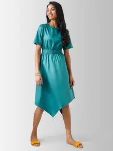 Pink Fort Women Teal Solid Fit & Flare Midi Cotton Dress