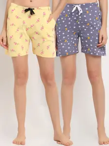 Kanvin Women Pack of 2 Yellow & Mauve Printed Pure Cotton Lounge Shorts