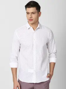 V Dot Men White Slim Fit Printed Pure Cotton Casual Shirt