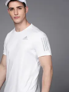 ADIDAS Men White Own The Run Brand Logo Printed Aeroready Running Sustainable T-shirt