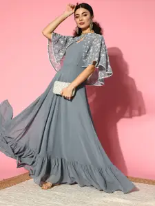 Inddus Women Beautiful Grey Solid Swirling Volume Dress