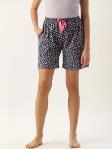 Kryptic Women Navy Blue & Pink Printed Pure Cotton Lounge Shorts