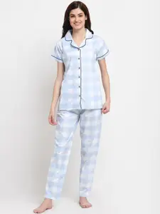Claura Women White & Blue Checked Night suit
