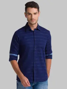 Parx Men Blue Slim Fit Horizontal Stripes Cotton Casual Shirt