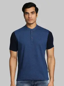 Parx Men Blue Colourblocked Band Collar Cotton T-shirt