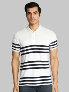 Parx Men Grey & Black Striped Polo Collar Cotton T-shirt