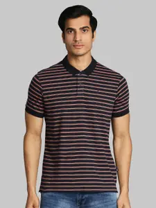 Parx Men Navy Blue & Pink Striped Cotton Polo Collar T-shirt