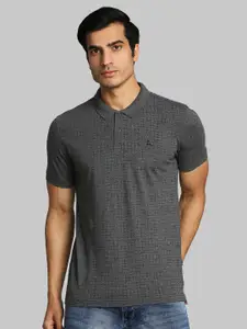 Parx Men Grey Checked Polo Collar Cotton T-shirt