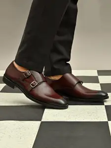San Frissco Men Burgundy Solid Leather Formal Monk Shoes
