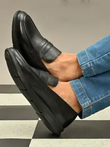 San Frissco Men Black Solid Genuine Leather Formal Slip-On Shoes