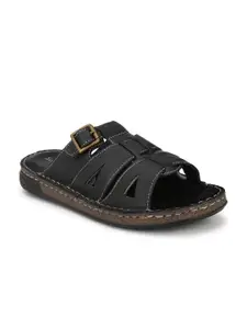 Delize Men Black Leather Comfort Sandals