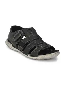 Delize Men Black & Grey Leather Shoe-Style Sandals