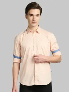 Parx Men Peach-Coloured & Blue Slim Fit Printed Cotton Casual Shirt