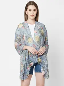 Cloth Haus India Women Grey & Yellow Floral Printed Pleated Scarf