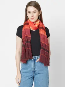 Cloth Haus India Women Red & Peach-Coloured Striped Crinkled Scarf