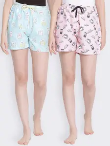Kanvin Women Blue & Pink Set Of 2 Printed Lounge Shorts