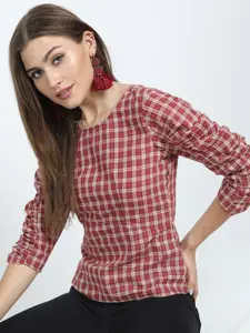 Tokyo Talkies Brown & Maroon Checked Styled Back Cotton Top