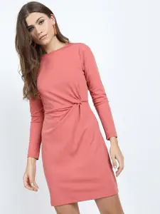 Tokyo Talkies Peach-Coloured Boat Neck Sheath Dress