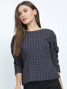 Tokyo Talkies Black & Purple Checked Pure Cotton Styled Back Top