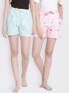 Kanvin Women Pink & Blue Printed Lounge Shorts Set Of 2