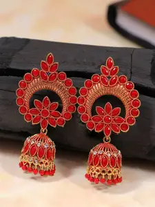 Crunchy Fashion Red & Gold-Plated Antique Kundan-Studded Jhumkas Earrings