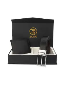 ZORO Men Black & Silver-Toned Solid Belt & Wallet Accessory Gift Set