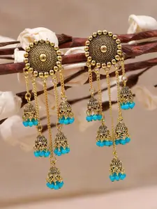 Crunchy Fashion Blue-Toned & Gold-Plated Contemporary Beaded Jhumka Earrings