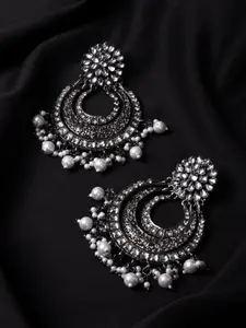STEORRA JEWELS Oxidised Silver-Plated White American Diamond & Kundan Chandbalis Earrings